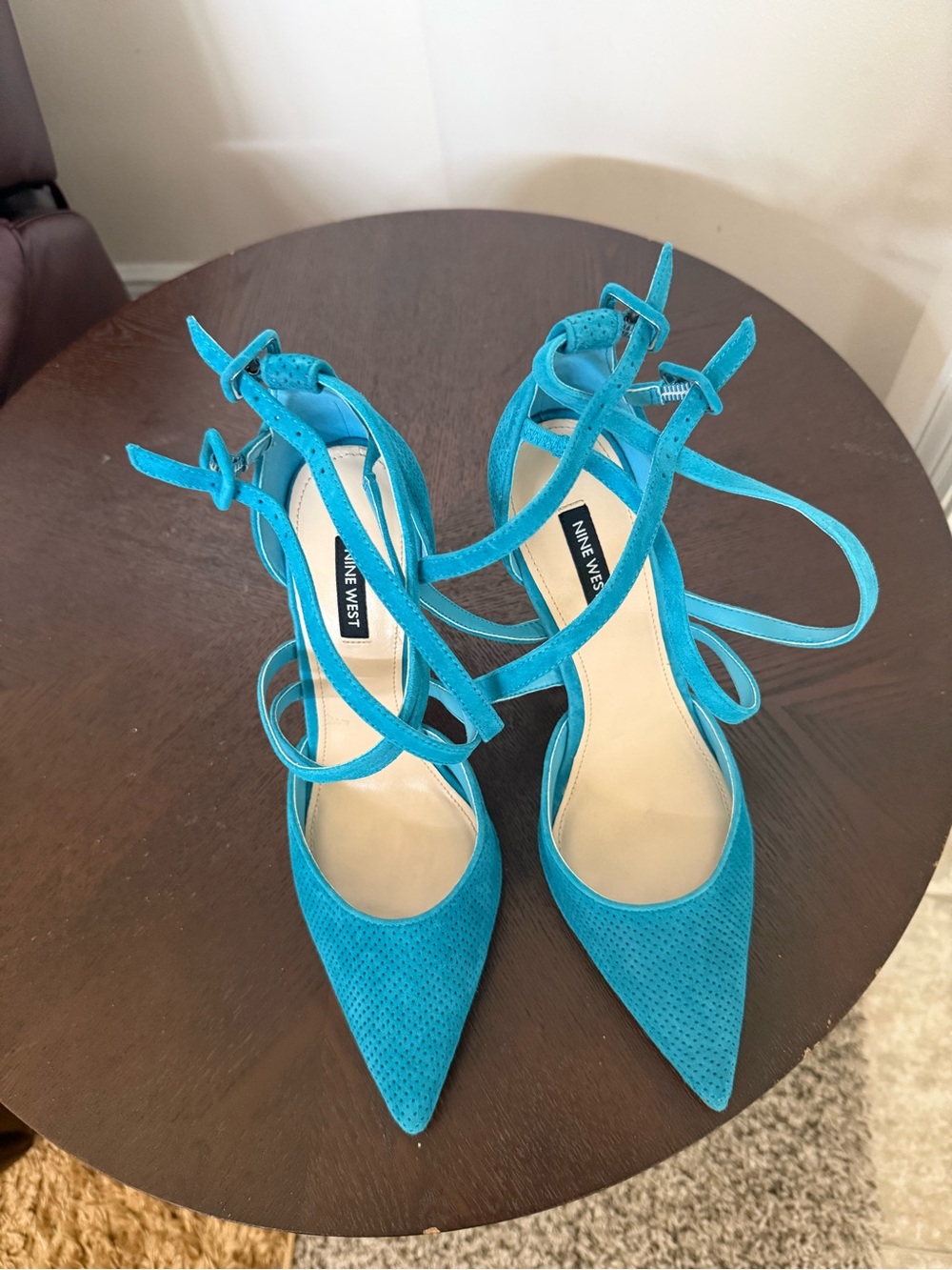 Nine West Bright Teal Pointed Toe Ankle Tie Pumps